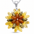 Multicolor Baltic Amber Flower Pendant in Sterling Silver featuring genuine multicolor Baltic amber gemstones in a floral design, set in polished 925 sterling silver, isolated on a white background.