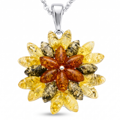 Multicolor Baltic Amber Flower Pendant in Sterling Silver featuring genuine multicolor Baltic amber gemstones in a floral design, set in polished 925 sterling silver, isolated on a white background.