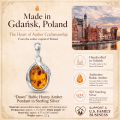 Dawn Baltic Honey Amber Pendant in Sterling Silver infographic highlighting authentic honey Baltic amber, 925 sterling silver, handcrafted craftsmanship, pendant dimensions, and Made in Gdańsk, Poland heritage.
