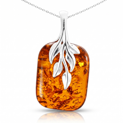 GIA Certified Baltic Honey Amber Fern Pendant Necklace in Sterling Silver featuring genuine honey Baltic amber in an elegant fern-inspired design, set in polished 925 sterling silver, isolated on a white background.