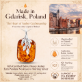 GIA Certified Baltic Honey Amber Fern Pendant Necklace in Sterling Silver infographic highlighting authentic honey Baltic amber, GIA certification, 925 sterling silver, handcrafted craftsmanship, pendant dimensions, and Made in Gdańsk, Poland heritage.