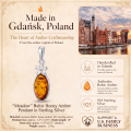 Meadow Baltic Honey Amber Pendant in Sterling Silver infographic highlighting authentic honey Baltic amber, 925 sterling silver, handcrafted craftsmanship, pendant dimensions, and Made in Gdańsk, Poland heritage.