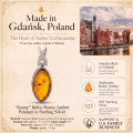Sunny Baltic Honey Amber Pendant in Sterling Silver infographic highlighting authentic honey Baltic amber, 925 sterling silver, handcrafted craftsmanship, pendant dimensions, and Made in Gdańsk, Poland heritage.
