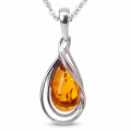 Baltic Honey Amber Teardrop Pendant Necklace in Sterling Silver featuring genuine teardrop-shaped honey Baltic amber set in polished 925 sterling silver, isolated on a white background.