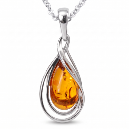 Baltic Honey Amber Teardrop Pendant Necklace in Sterling Silver featuring genuine teardrop-shaped honey Baltic amber set in polished 925 sterling silver, isolated on a white background.