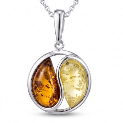 Baltic Honey Amber Pendant in Sterling Silver featuring genuine honey Baltic amber set in polished 925 sterling silver, isolated on a white background.