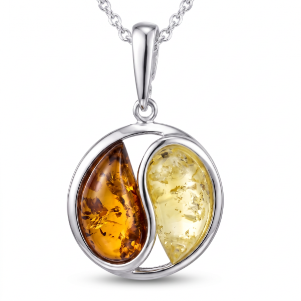 Baltic Honey Amber Pendant in Sterling Silver featuring genuine honey Baltic amber set in polished 925 sterling silver, isolated on a white background.