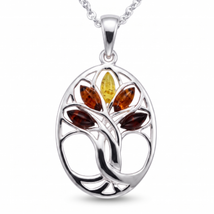 Tree of Life Multicolor Baltic Amber Pendant in Sterling Silver featuring genuine multicolor Baltic amber gemstones in a Tree of Life design, set in polished 925 sterling silver, isolated on a white background.