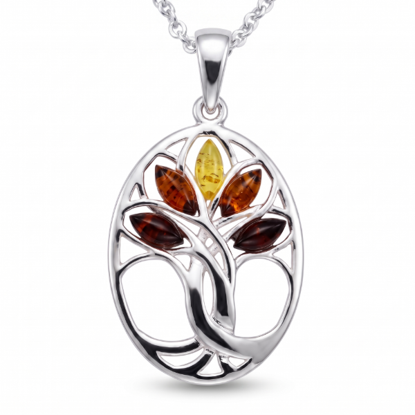 Tree of Life Multicolor Baltic Amber Pendant in Sterling Silver featuring genuine multicolor Baltic amber gemstones in a Tree of Life design, set in polished 925 sterling silver, isolated on a white background.