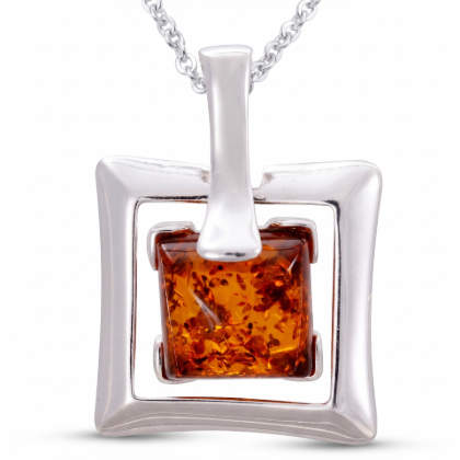 Baltic Honey Amber Square Pendant in Sterling Silver featuring genuine square-shaped honey Baltic amber set in polished 925 sterling silver, isolated on a white background.