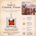 Baltic Honey Amber Square Pendant in Sterling Silver infographic highlighting authentic honey Baltic amber, 925 sterling silver, handcrafted craftsmanship, pendant dimensions, and Made in Gdańsk, Poland heritage.