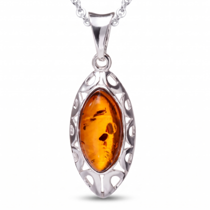 Petal Baltic Honey Amber Pendant in Sterling Silver featuring genuine honey Baltic amber set in polished 925 sterling silver, isolated on a white background.