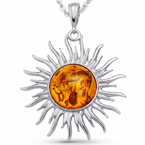 GIA Certified Baltic Amber Sun Pendant in Sterling Silver