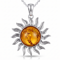Baltic Amber Sun Pendant in Sterling Silver featuring genuine Baltic amber in a sun-inspired design, set in polished 925 sterling silver, isolated on a white background.