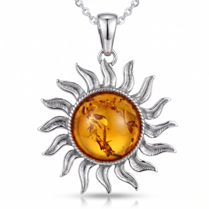 Baltic Amber Sun Pendant in Sterling Silver featuring genuine Baltic amber in a sun-inspired design, set in polished 925 sterling silver, isolated on a white background.