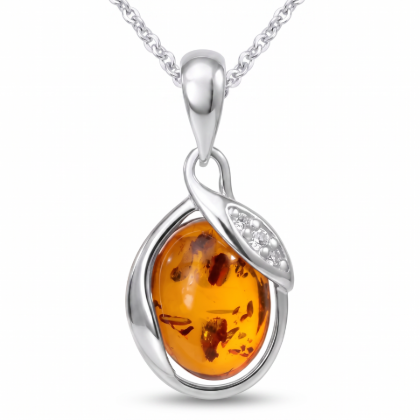 Dawn Baltic Honey Amber Pendant in Sterling Silver featuring genuine honey Baltic amber set in polished 925 sterling silver, isolated on a white background.