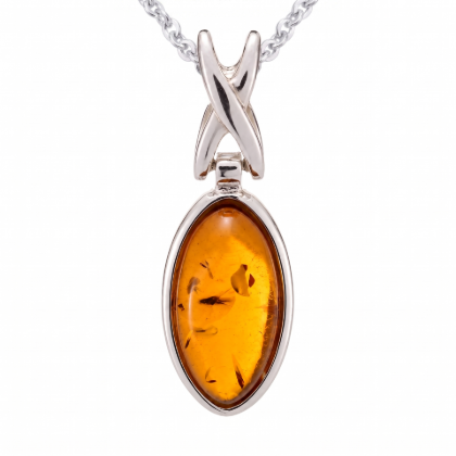 Sunny Baltic Honey Amber Pendant in Sterling Silver featuring genuine honey Baltic amber set in polished 925 sterling silver, isolated on a white background.