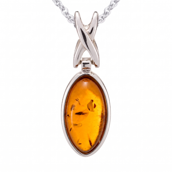 Sunny Baltic Honey Amber Pendant in Sterling Silver featuring genuine honey Baltic amber set in polished 925 sterling silver, isolated on a white background.