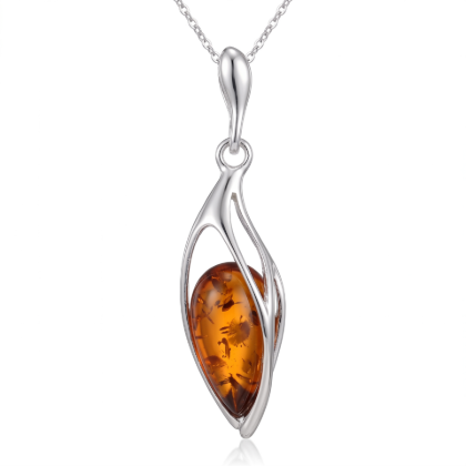 Misty Baltic Honey Amber Pendant in Sterling Silver featuring genuine honey Baltic amber set in polished 925 sterling silver, isolated on a white background.