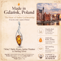 Misty Baltic Honey Amber Pendant in Sterling Silver infographic highlighting authentic honey Baltic amber, 925 sterling silver, handcrafted craftsmanship, pendant dimensions, and Made in Gdańsk, Poland heritage.