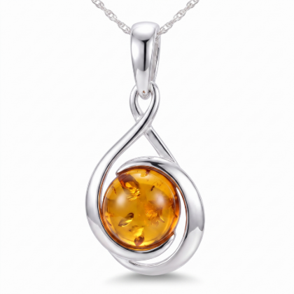Raine Baltic Honey Amber Pendant in Sterling Silver featuring genuine honey Baltic amber set in polished 925 sterling silver, isolated on a white background.
