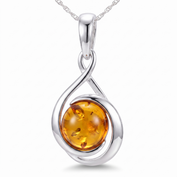 Raine Baltic Honey Amber Pendant in Sterling Silver featuring genuine honey Baltic amber set in polished 925 sterling silver, isolated on a white background.
