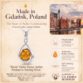 Raine Baltic Honey Amber Pendant in Sterling Silver infographic highlighting authentic honey Baltic amber, 925 sterling silver, handcrafted craftsmanship, pendant dimensions, and Made in Gdańsk, Poland heritage.