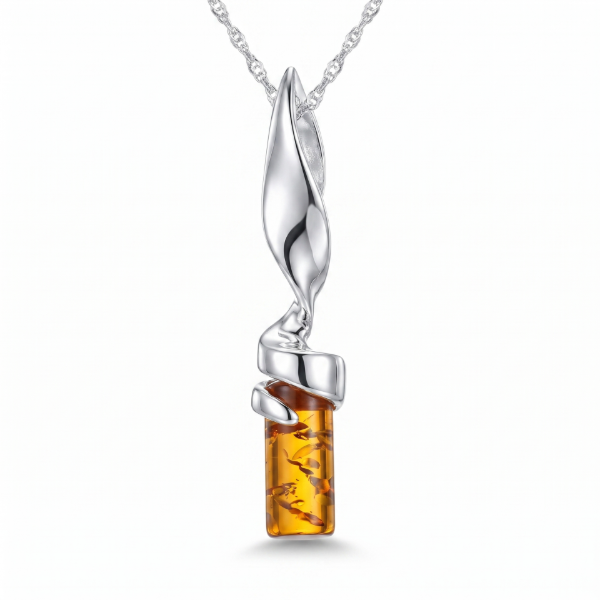 Eva Baltic Honey Amber Pendant in Sterling Silver featuring genuine honey Baltic amber set in polished 925 sterling silver, isolated on a white background.