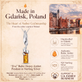 Eva Baltic Honey Amber Pendant in Sterling Silver infographic highlighting authentic honey Baltic amber, 925 sterling silver, handcrafted craftsmanship, pendant dimensions, and Made in Gdańsk, Poland heritage.