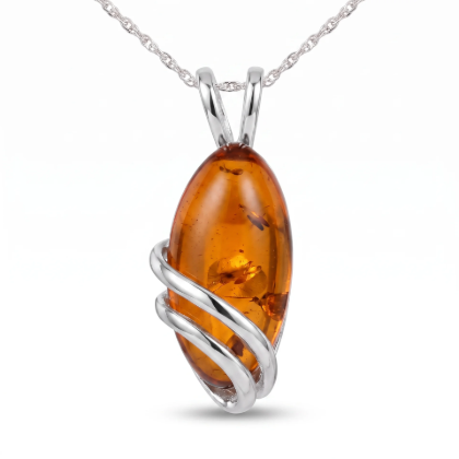 Darcie Baltic Honey Amber Pendant in Sterling Silver featuring genuine honey Baltic amber set in polished 925 sterling silver, isolated on a white background.