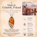 Darcie Baltic Honey Amber Pendant in Sterling Silver infographic highlighting authentic honey Baltic amber, 925 sterling silver, handcrafted craftsmanship, pendant dimensions, and Made in Gdańsk, Poland heritage.