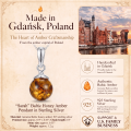 Sarah Baltic Honey Amber Pendant in Sterling Silver infographic highlighting authentic honey Baltic amber, 925 sterling silver, handcrafted craftsmanship, pendant dimensions, and Made in Gdańsk, Poland heritage.