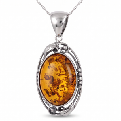 Evening Baltic Honey Amber Pendant in Sterling Silver featuring genuine honey Baltic amber set in polished 925 sterling silver, isolated on a white background.