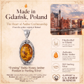 Evening Baltic Honey Amber Pendant in Sterling Silver infographic highlighting authentic honey Baltic amber, 925 sterling silver, handcrafted craftsmanship, pendant dimensions, and Made in Gdańsk, Poland heritage.