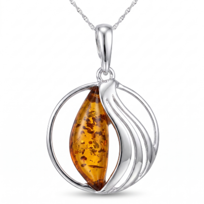 Serenity Baltic Honey Amber Pendant in Sterling Silver featuring genuine honey Baltic amber set in polished 925 sterling silver, isolated on a white background.