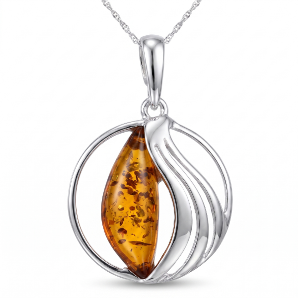 Serenity Baltic Honey Amber Pendant in Sterling Silver featuring genuine honey Baltic amber set in polished 925 sterling silver, isolated on a white background.
