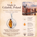 Serenity Baltic Honey Amber Pendant in Sterling Silver infographic highlighting authentic honey Baltic amber, 925 sterling silver, handcrafted craftsmanship, pendant dimensions, and Made in Gdańsk, Poland heritage.