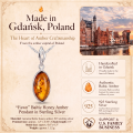 Fawn Baltic Honey Amber Pendant in Sterling Silver infographic highlighting authentic honey Baltic amber, 925 sterling silver, handcrafted craftsmanship, pendant dimensions, and Made in Gdańsk, Poland heritage.