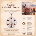 Gale Multicolor Baltic Amber Pendant in Sterling Silver infographic highlighting authentic multicolor Baltic amber, 925 sterling silver, handcrafted craftsmanship, pendant dimensions, and Made in Gdańsk, Poland heritage.