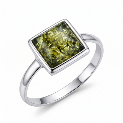 Baltic Green Amber Square Ring in Sterling Silver featuring a genuine square green Baltic amber gemstone set in polished 925 sterling silver, isolated on a white background.