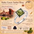 Baltic Green Amber Square Ring in Sterling Silver infographic highlighting authentic green Baltic amber, 925 sterling silver, handcrafted craftsmanship, ring dimensions, and Made in Gdańsk, Poland heritage.