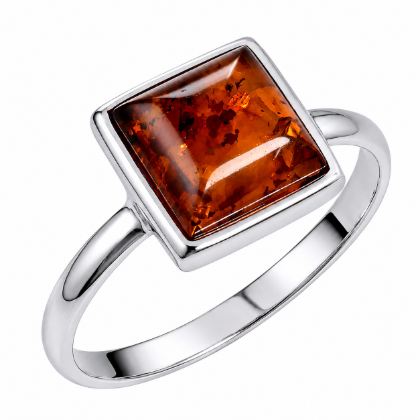 Baltic Green Amber Square Ring in Sterling Silver featuring a genuine square green Baltic amber gemstone set in polished 925 sterling silver, isolated on a white background.