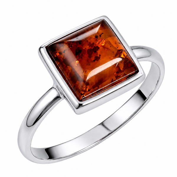 Baltic Green Amber Square Ring in Sterling Silver featuring a genuine square green Baltic amber gemstone set in polished 925 sterling silver, isolated on a white background.