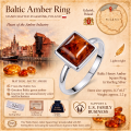 Baltic Green Amber Square Ring in Sterling Silver infographic highlighting authentic green Baltic amber, 925 sterling silver, handcrafted craftsmanship, ring dimensions, and Made in Gdańsk, Poland heritage.