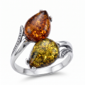 Tulips Multicolor Baltic Amber Ring in Sterling Silver featuring genuine multicolor Baltic amber gemstones set in polished 925 sterling silver, isolated on a white background.