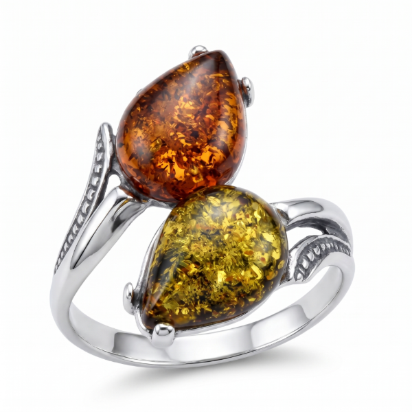 Tulips Multicolor Baltic Amber Ring in Sterling Silver featuring genuine multicolor Baltic amber gemstones set in polished 925 sterling silver, isolated on a white background.