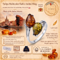 Tulips Multicolor Baltic Amber Ring in Sterling Silver infographic highlighting authentic multicolor Baltic amber, 925 sterling silver, handcrafted craftsmanship, ring dimensions, and Made in Gdańsk, Poland heritage.