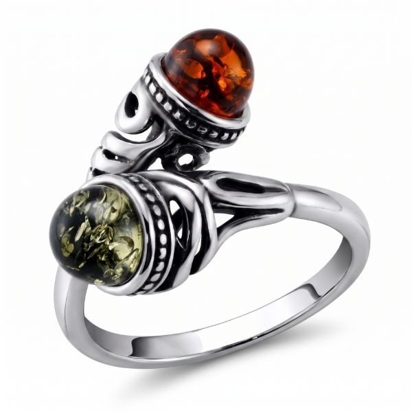Baltic Honey Amber Ring in Sterling Silver featuring genuine honey Baltic amber set in polished 925 sterling silver, isolated on a white background.