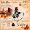 Baltic Honey Amber Ring in Sterling Silver infographic highlighting authentic honey Baltic amber, 925 sterling silver, handcrafted craftsmanship, ring dimensions, and Made in Gdańsk, Poland heritage.