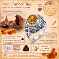 Meadow Baltic Honey Amber Ring in Sterling Silver infographic highlighting authentic honey Baltic amber, 925 sterling silver, handcrafted craftsmanship, ring dimensions, and Made in Gdańsk, Poland heritage.